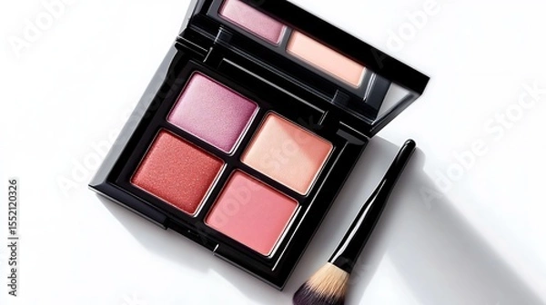 Fototapeta Open Eyeshadow Palette with Swipe Brush and Mirror on White Background.