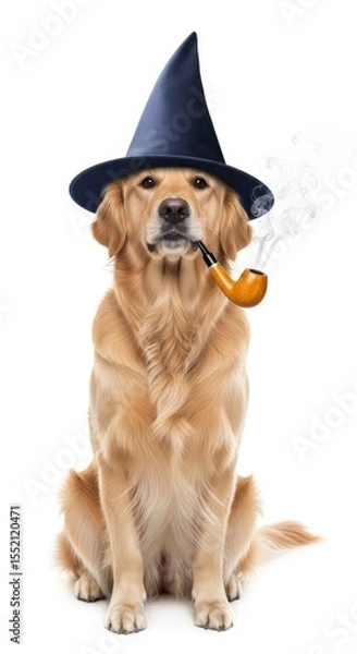 Obraz A whimsical wizard golden retriever wearing a starry hat and smoking a pipe, perfect for fantasy, storybook, or magical-themed designs
