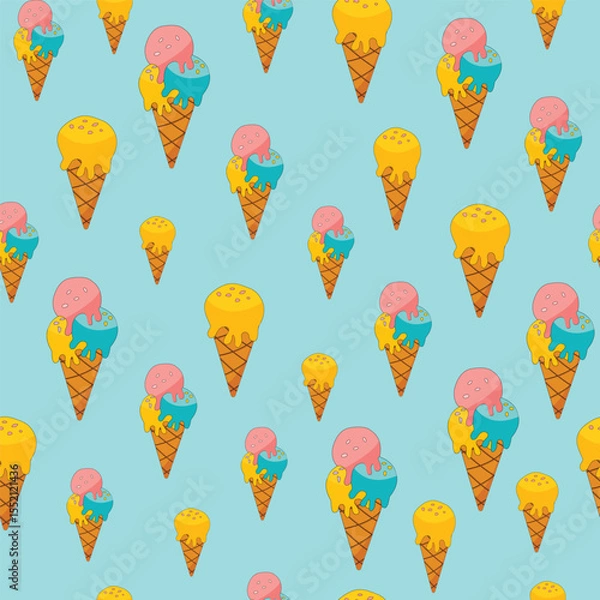 Obraz summer seamless pattern with ice cream in waffle cones on a blue background