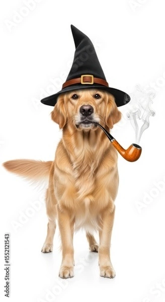 Obraz A whimsical wizard golden retriever wearing a starry hat and smoking a pipe, perfect for fantasy, storybook, or magical-themed designs

