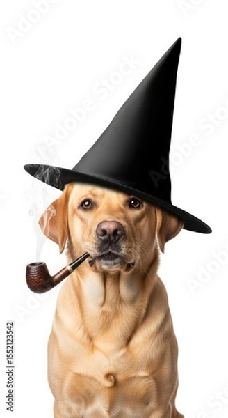 Obraz A whimsical wizard labrador retriever wearing a starry hat and smoking a pipe, perfect for fantasy, storybook, or magical-themed designs