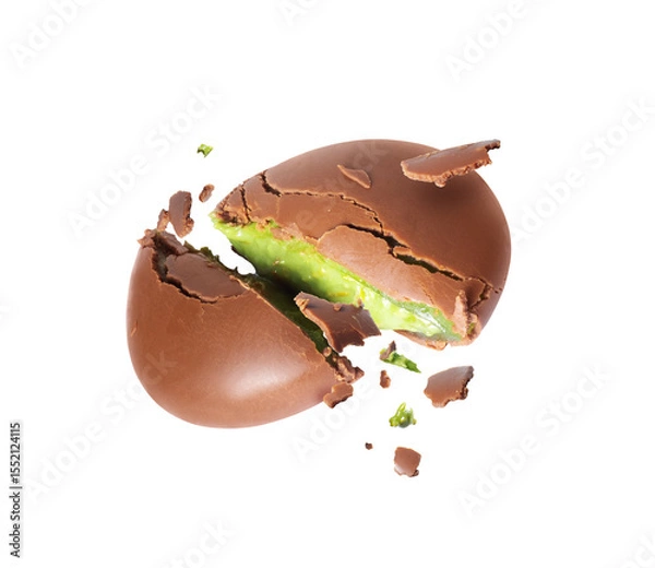 Fototapeta Cracked chocolate shell with green filling splashing out on a white background. Dubai chocolate is made with pistachio paste and kadayif