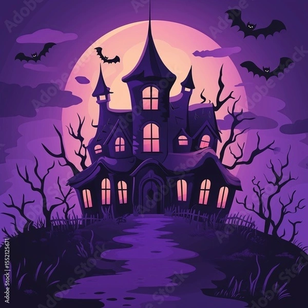 Fototapeta A spooky haunted house illustration set against the backdrop of a purple sky and full moon, surrounded by bats. The design includes a path leading to an old mansion with glowing windows. 