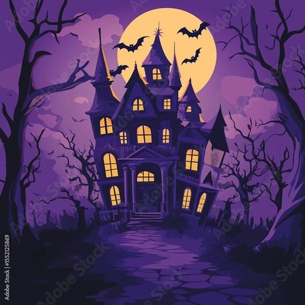 Fototapeta A spooky haunted house illustration set against the backdrop of a purple sky and full moon, surrounded by bats. The design includes a path leading to an old mansion with glowing windows. 