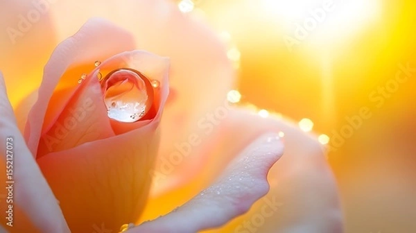 Fototapeta A soft-focus close-up of a single dewdrop resting on a delicate rose petal at sunrise.