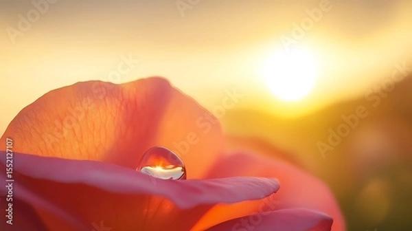 Fototapeta A soft-focus close-up of a single dewdrop resting on a delicate rose petal at sunrise.