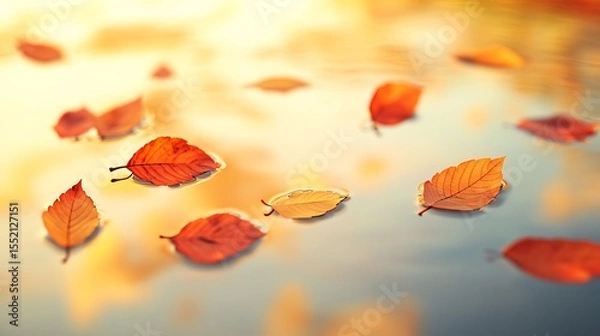 Fototapeta A soft-focus close-up of vibrant autumn leaves floating on a calm lake, reflecting the golden sky.
