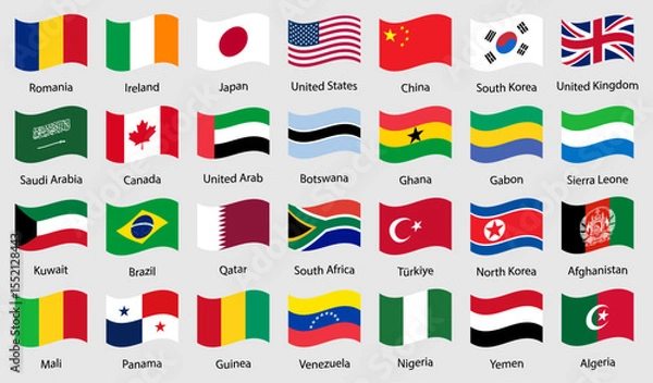 Obraz Collection of world country flags in waving style. International country flags icon set. Flat vector icon set featuring 28 waving national flags including USA, UK, China, India, Brazil, and more.