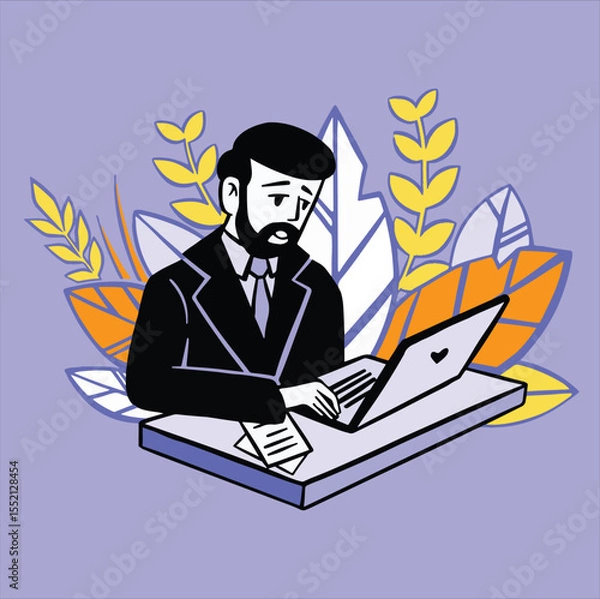 Fototapeta Man with beard works on laptop and blooms color style flat vector