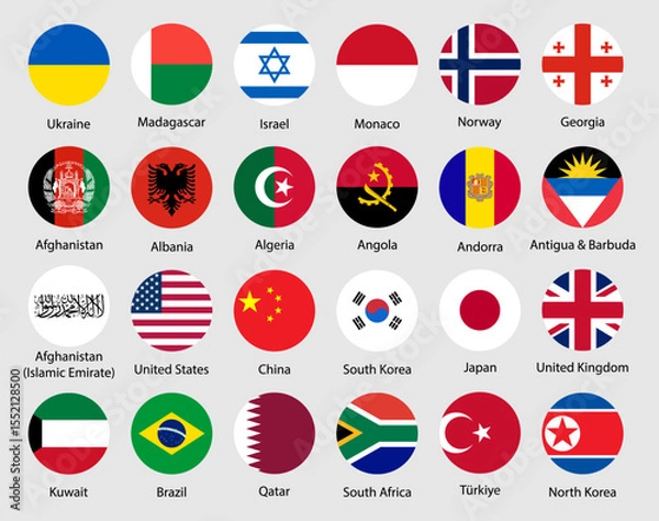 Obraz Set of round world national flags with country names. Collection of rounded world country flags including USA, China, UK, Japan, South Korea, Brazil, and others. Vector illustration.