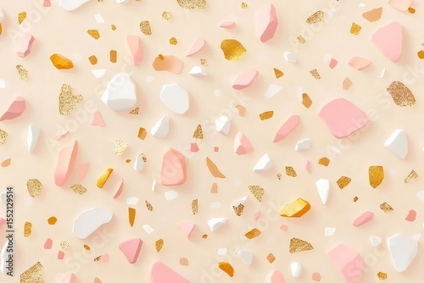 Fototapeta A stylish terrazzo pattern with pink, gold, and white flecks on a smooth pastel beige background.