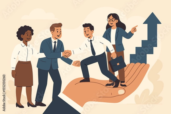 Fototapeta Business team collaborating for career growth. Helping hand providing support, mentorship and guidance. Professional development, climbing the career ladder, success and partnership.