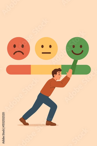Fototapeta Customer satisfaction feedback concept. Man pushing rating bar from sad to happy face. Improving service quality. Positive review motivation. Client experience evaluation. Vector illustration