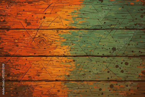 Fototapeta Rustic Grunge Wood Texture Background with Colorful Distressed Planks, Scratches, Paint Stains, Weathered Surface Pattern, Vintage Timber Grain, Old Painted Wooden Board Vector Illustration