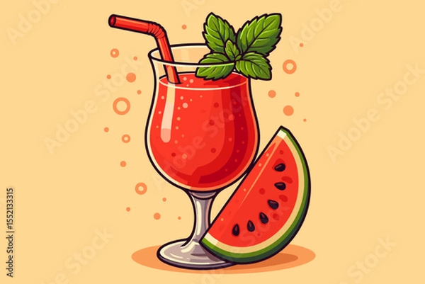 Fototapeta Refreshing Watermelon Juice in Curved Cocktail Glass with Fresh Mint Garnish, Colorful Summer Beverage, Cartoon Vector Illustration with Slice, Healthy Drink, Vibrant Fruit Bar Concept