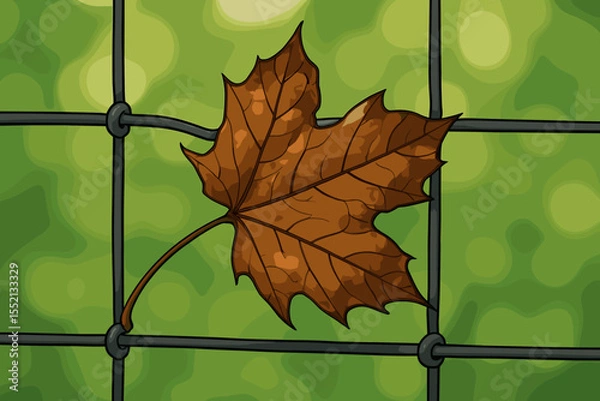 Fototapeta Withered Brown Autumn Leaf Stuck on Wire Fence with Soft Green Blurred Background. Fallen Maple Leaf, Nature Contrast, Seasonal Change, Outdoors, Vector Cartoon Illustration, No Text