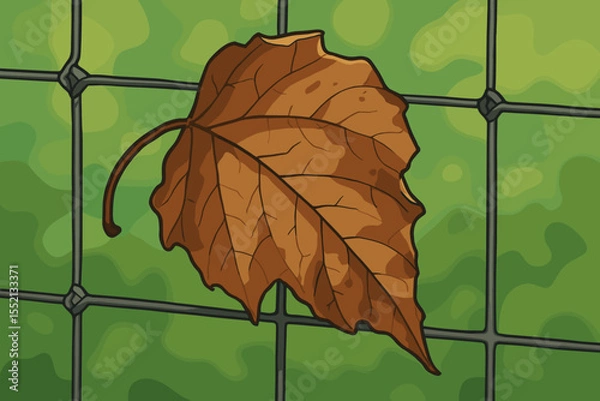 Fototapeta Autumn withered brown leaf stuck on wire fence, detailed vector illustration, fall season nature, dry foliage, contrast with blurred green background, environmental change, no text