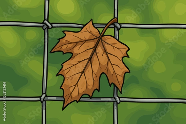 Fototapeta Autumn withered brown leaf stuck on metal wire fence, vibrant green blurred background, seasonal change, nature contrast, fall foliage, vector cartoon illustration, no text design