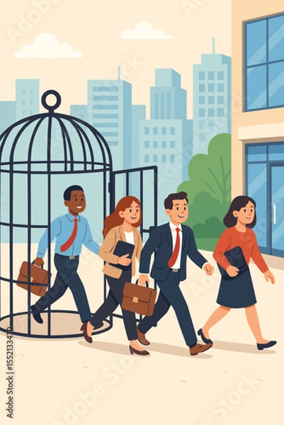 Fototapeta Business people leaving open birdcage, returning to office, freedom from restrictions, back to work, corporate team, employee liberation, workplace concept, city background, vector illustration