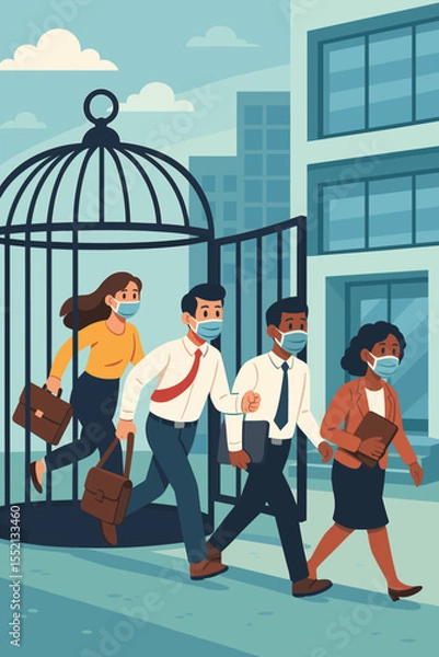 Fototapeta Business people leaving open cage, returning to office after lockdown. Freedom from restrictions, workplace comeback, post-pandemic transition, teamwork, masks, urban cityscape, metaphor concept