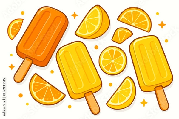 Fototapeta Vibrant citrus popsicles with orange and lemon slices. Refreshing summer ice cream bars. Bright cartoon vector illustration. Sweet fruity cold desserts on white background for food design