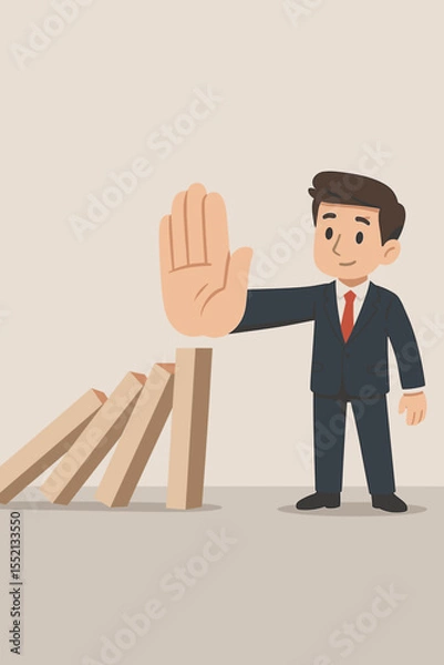 Fototapeta Businessman stopping the domino effect. Concept for crisis management, risk prevention, and business intervention. Metaphor for leadership, strategy, problem solving and solution.