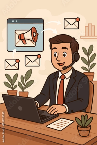 Fototapeta Email campaign manager working on a laptop in an office. Digital marketing specialist sending promotional newsletters. Business communication and customer relationship management concept.