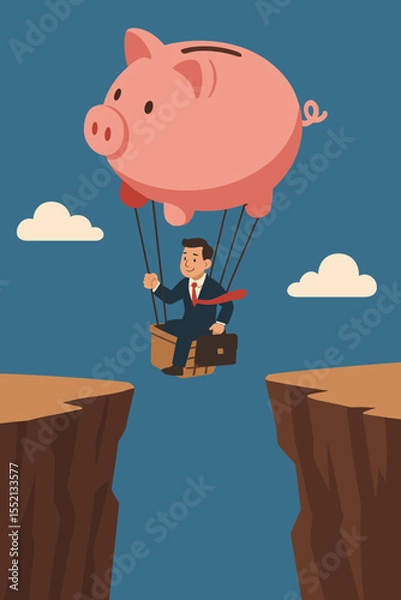 Fototapeta Businessman Flying Over Dangerous Cliff Gap in Hot Air Balloon with Large Pink Piggy Bank Balloon Symbolizing Financial Journey, Investment Risk, Wealth Growth, Economic Challenge Concept