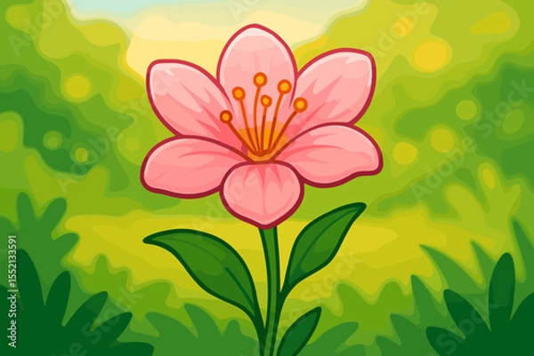 Fototapeta Cute pink flower cartoon vector. Simple single blossom with leaves on a blurred nature background. Floral design for spring or summer. Isolated botanical plant graphic for garden themes.