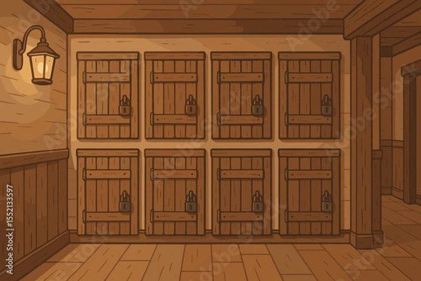 Fototapeta Old wooden storage lockers with padlocks in a rustic room with a lantern. Vector background for a fantasy game, dungeon, or escape room. Concept of mystery and security.