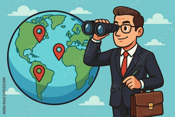 Fototapeta Businessman with binoculars looking at globe with pins. Global business vision concept. International market research, corporate strategy, expansion, and future opportunity. Vector.