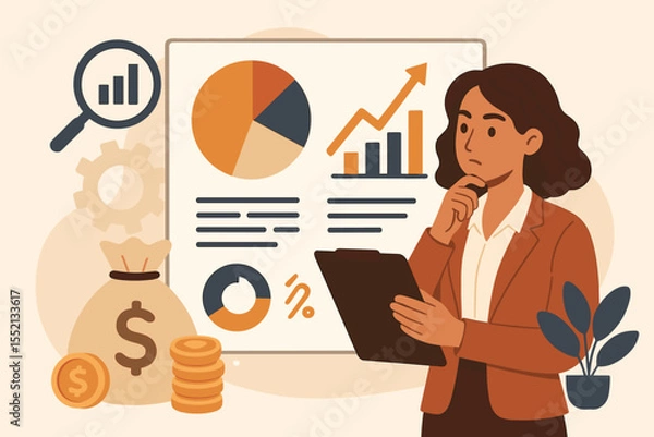 Fototapeta Businesswoman analyzing financial data on a chart. Marketing analyst thinking about strategy and investment growth. Concept of market research, economic report, and profit planning.