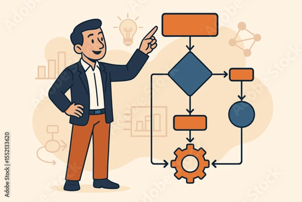 Fototapeta Businessman presents a workflow flowchart. Concept of business process management, project planning, strategy, and optimization. Algorithm, decision making, efficiency, automation.