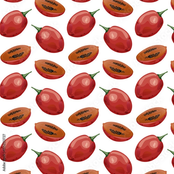 Fototapeta Seamless pattern tamarillo. Exotic tropical tomato tree fruit. For food blogs or recipe websites, packaging, catalogs or educational posters, menus, printables and teaching materials