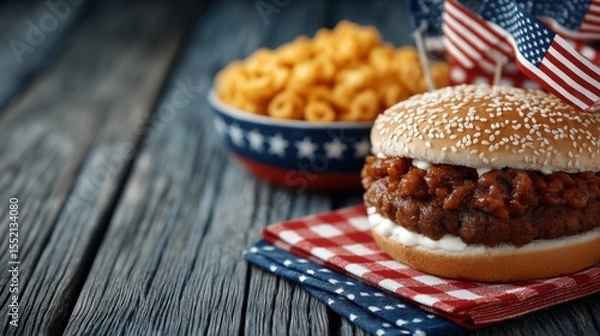 Obraz Close-up of a barbecue beef sandwich with American flag toothpicks, served with a bowl of macaroni on rustic wooden table for Independence Day