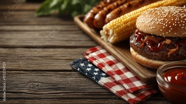 Obraz Grilled hamburger with ketchup and fried onion on sesame bun served with corn and sausage on wooden board over patriotic napkin