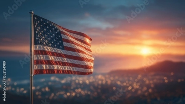 Obraz American flag waving in the wind with golden sunset over city landscape in background symbolizing freedom pride and Independence Day spirit