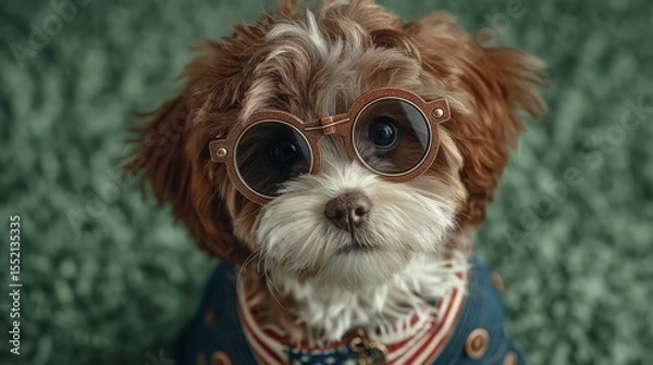 Obraz Adorable fluffy dog wearing round sunglasses and patriotic outfit with curious expression sitting on green textured surface
