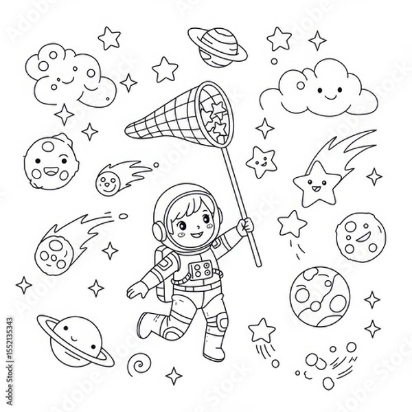Fototapeta Astronaut child catching stars with net in outer space coloring page  