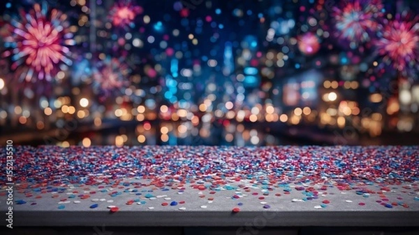 Obraz Red white and blue confetti scattered on surface with blurred fireworks and city lights in background for festive patriotic celebration