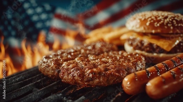 Obraz Juicy hamburger patties and grilled hotdogs on flaming barbecue with fries and burger in background under American flag for 4th of July BBQ
