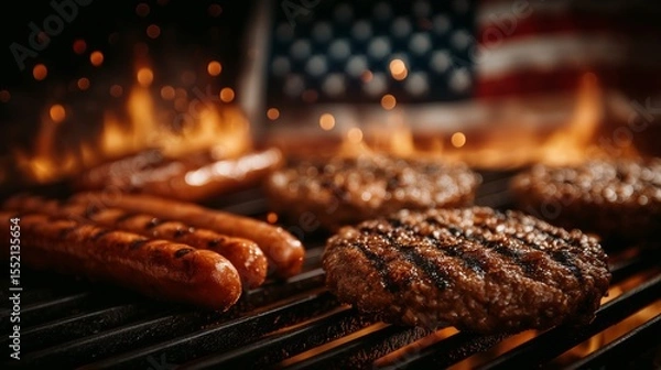 Obraz Grilled hotdogs and hamburger patties sizzling over open flame with American flag in background for 4th of July cookout celebration