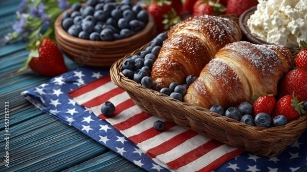 Obraz Golden croissants with fresh blueberry and strawberry served on patriotic napkin, showcasing American-style breakfast presentation