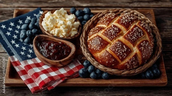 Obraz Sweet braided bread with coarse sugar crust and blueberry served on rustic tray with patriotic napkin for American-style breakfast theme