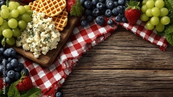 Obraz Rustic 4th of July breakfast scene with green grapes, strawberries, blueberries, fresh cheese, and waffle crisps on a red gingham napkin