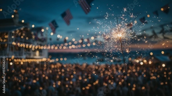 Obraz Sparkler shining bright during 4th of July evening celebration with American flags and glowing crowd under twilight sky