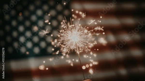 Obraz sparkler glowing in hand with dramatic spark trails against soft blurred American flag backdrop representing patriotic holiday spirit