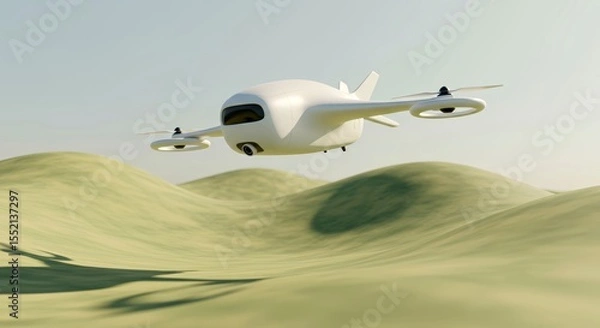 Fototapeta Futuristic flying vehicle soaring above sandy hills in daylight  