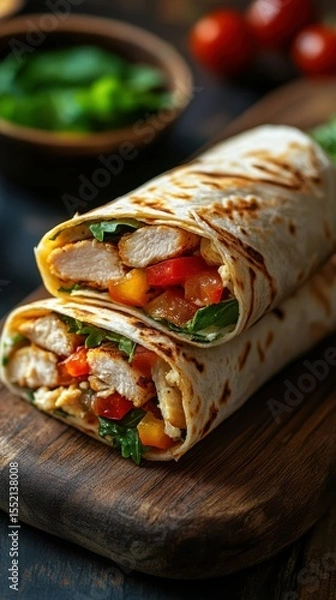Fototapeta Delicious chicken wrap with fresh vegetables prepared in a cozy kitchen setting