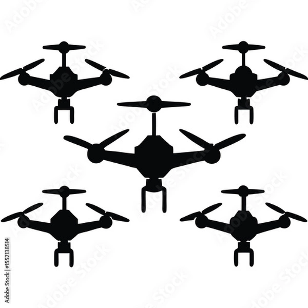 Fototapeta Five black silhouette drones arranged in a pattern